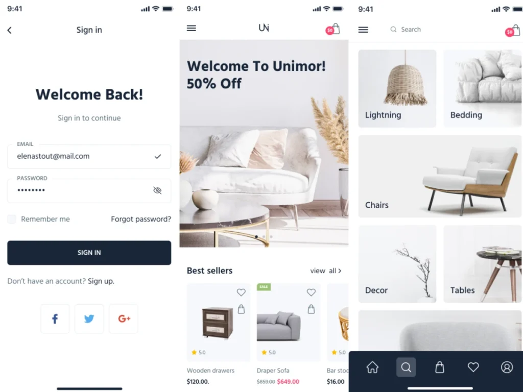 Unimor – Plantilla React Native para Tienda de Muebles